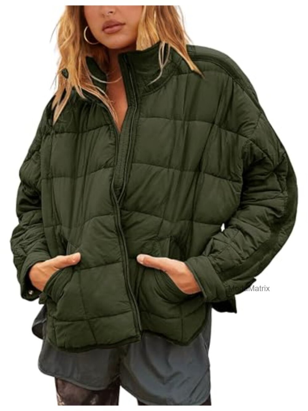 Women's Quilted Puffer Jacket Lightweight Oversized Coat Long Sleeve with
